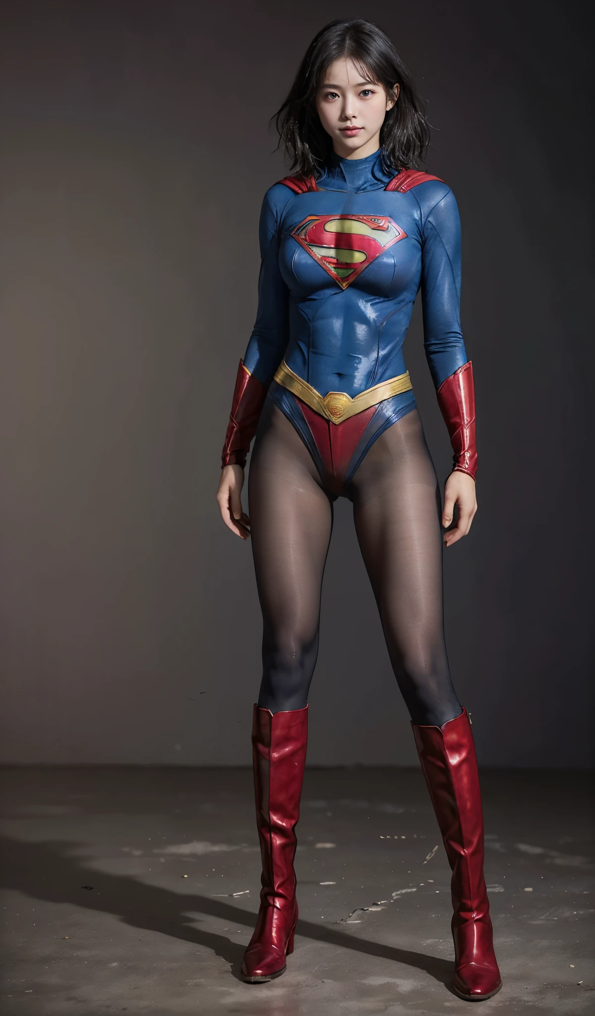 No background、(((Beautiful legs in black tights.)))、(((Legally express the beauty of your smile)))、((((Make the most of your original images)))、(((Supergirl Costume)))、(((Beautiful short bob hair)))、(((suffering)))、(((Please wear black tights....、Wear red boots)))、((Best image quality、8k))、((highest quality、8k、masterpiece:1.3))、(((Preserve background )))、Sharp focus:1.2、Beautiful woman with perfect figure:1.4、Slim Abs:1.2、Wet body:1.5、Highly detailed face and skin texture、8k