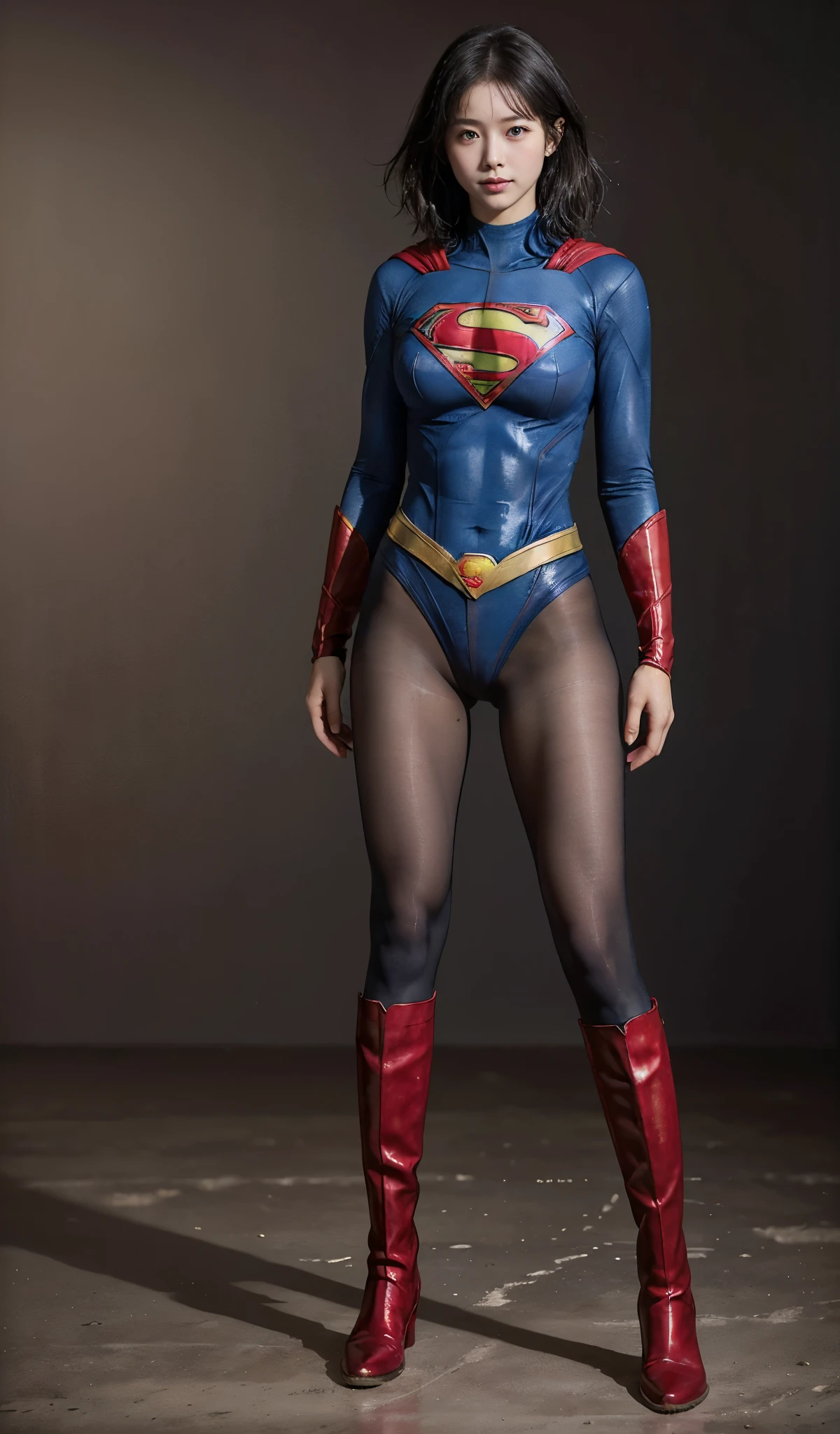 No background、(((Beautiful legs in black tights.)))、(((Legally express the beauty of your smile)))、((((Make the most of your original images)))、(((Supergirl Costume)))、(((Beautiful short bob hair)))、(((suffering)))、(((Please wear black tights....、Wear red boots)))、((Best image quality、8k))、((highest quality、8k、masterpiece:1.3))、(((Preserve background )))、Sharp focus:1.2、Beautiful woman with perfect figure:1.4、Slim Abs:1.2、Wet body:1.5、Highly detailed face and skin texture、8k