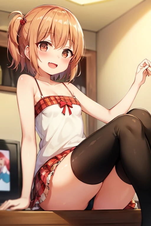 ((highest quality)), ((masterpiece)), (be familiar with), Perfect Face, indoor, Bedroom, Watching the audience,
One woman, Yuigahama Yui,
Open Mouth, Ecstatic expression, blush, smile,
Small breasts, Flat Chest, Young Girl, , , Girl,
Short Hair, Salmon-colored hair, Salmon-colored eyes, Side Pony,
Leg spread,