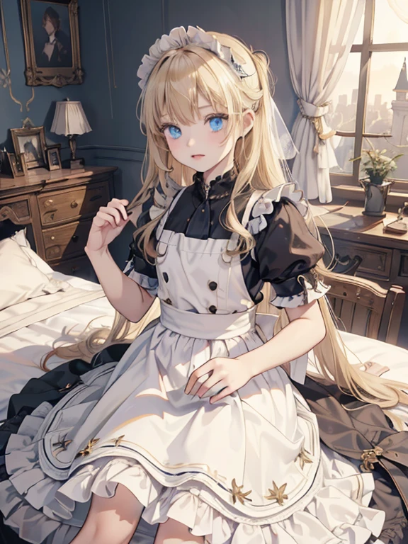 (8k, highest quality, Tabletop:1.2)、Ultra-high resolution, One ****************, Perfect Fingers, Detailed face, blue eyes, Blonde, Straight Hair, Long Hair, Black maid outfit,  Inside the castle, Bedroom、Making the bed