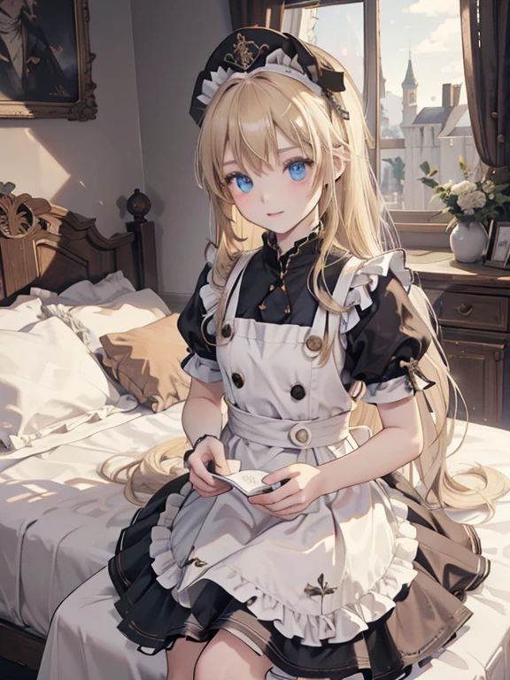 (8k, highest quality, Tabletop:1.2)、Ultra-high resolution, One -yeld gi Perfect Fingers, Detailed face, blue eyes, Blonde, Straight Hair, Long Hair, Black maid outfit,  Inside the castle, Bedroom、Making the bed