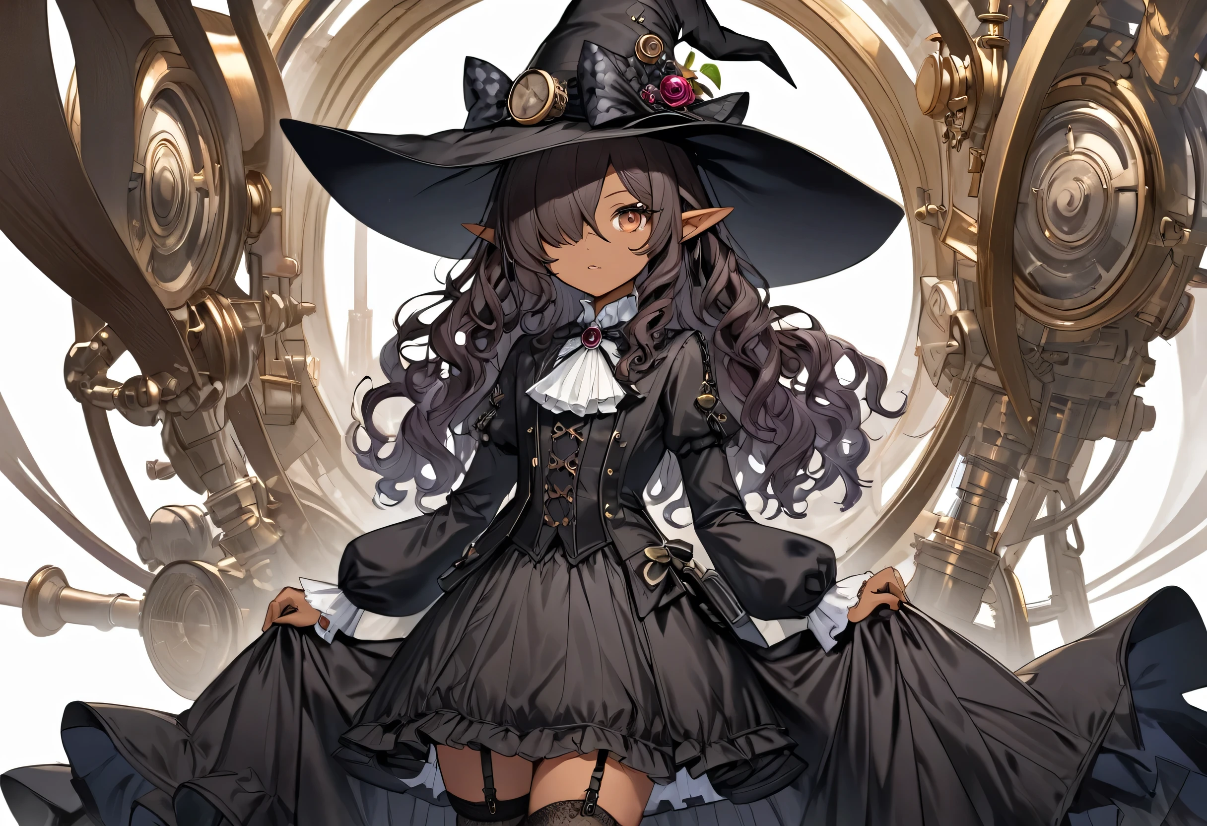 high quality,(High resolution:1.2),Incredible illustrations, (arknights)1girl((wavy hair,hair over one eye)Dark Skin,slender,pointy ears)((victorian gothic lolita SILK DRESS,open clothes),Witch Hat,ascot,garter belt,Garter Stockings(see through)(toddler body))Blackthorn Witch Princess(Steampunk)
