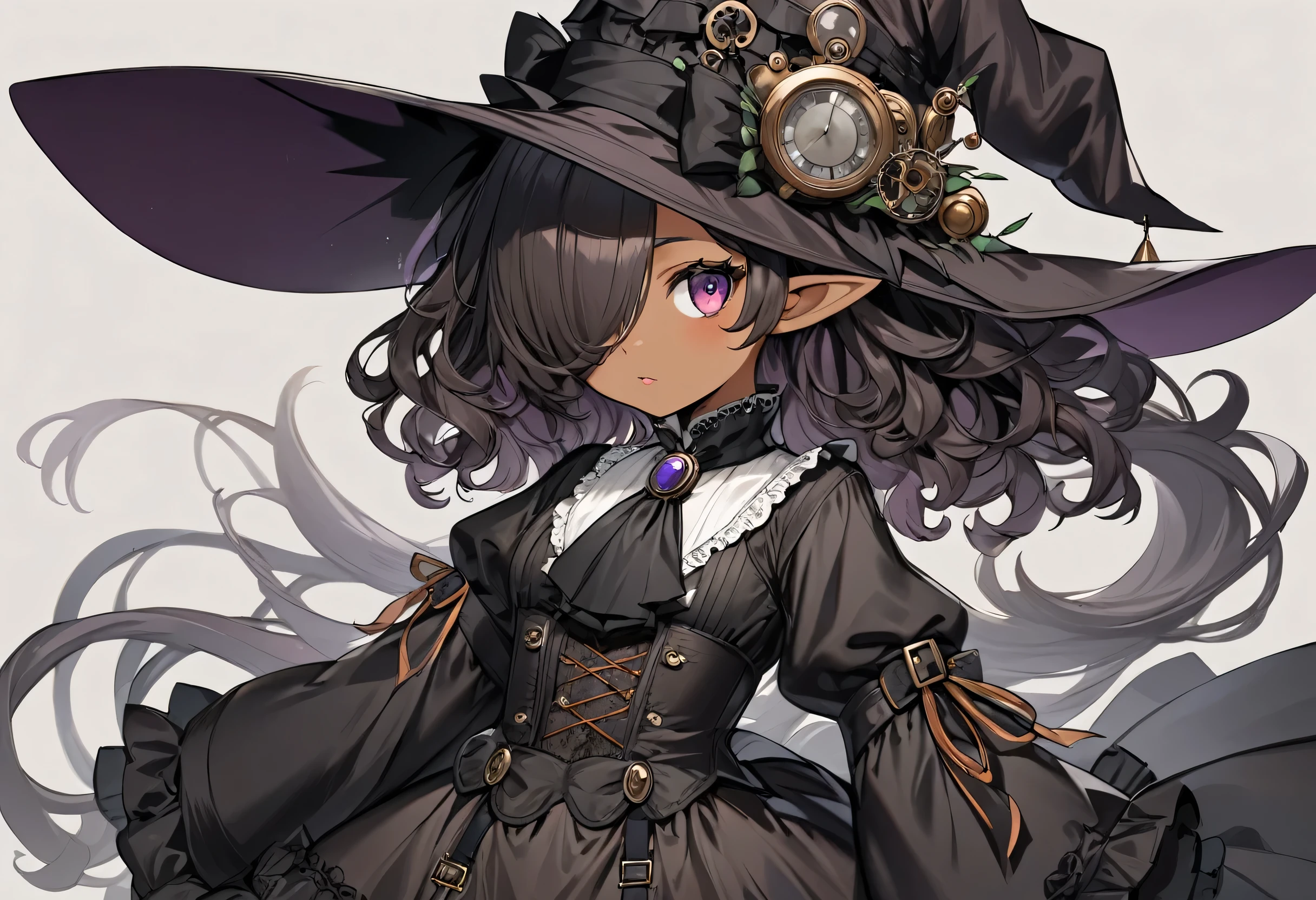 high quality,(High resolution:1.2),Incredible illustrations, (arknights)1girl((wavy hair,hair over one eye)Dark Skin,slender,pointy ears)((victorian gothic lolita SILK DRESS,open clothes),Witch Hat,ascot,garter belt,Garter Stockings(see through)(toddler body))Blackthorn Witch Princess(Steampunk)