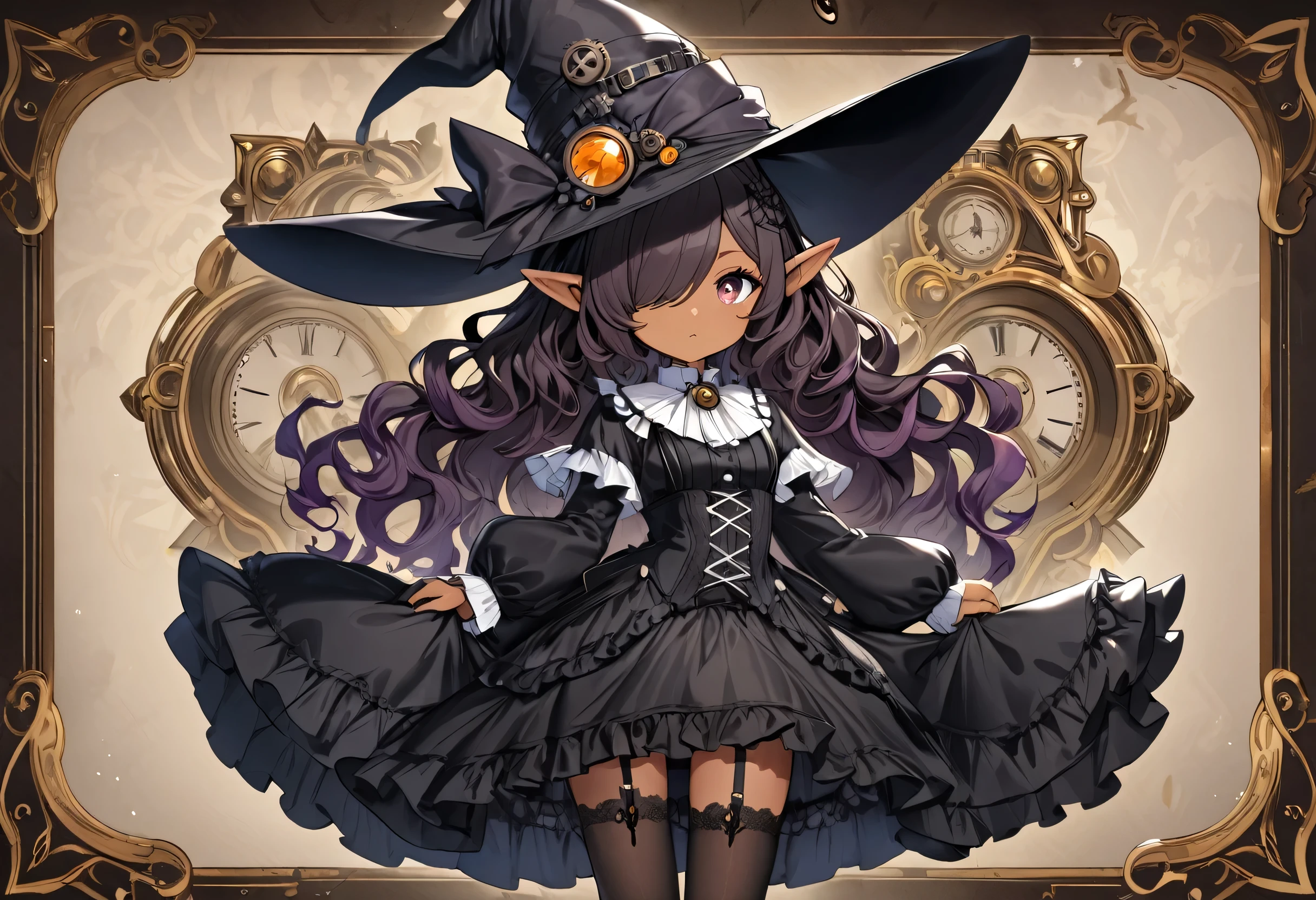 high quality,(High resolution:1.2),Incredible illustrations, (arknights)1girl((wavy hair,hair over one eye)Dark Skin,slender,pointy ears)((victorian gothic lolita SILK DRESS,open clothes),Witch Hat,ascot,garter belt,Garter Stockings(see through)(toddler body))Blackthorn Witch Princess(Steampunk)