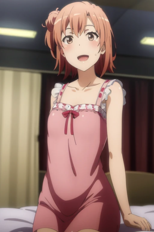 ((highest quality)), ((masterpiece)), (be familiar with), Perfect Face, indoor, Bedroom, Watching the audience,
One woman, Yuigahama Yui,
Open Mouth, Ecstatic expression, blush, smile,
Small breasts, Flat Chest, Young Girl, , , Girl,
Short Hair, Salmon-colored hair, Salmon-colored eyes, Side Pony,
Leg spread,