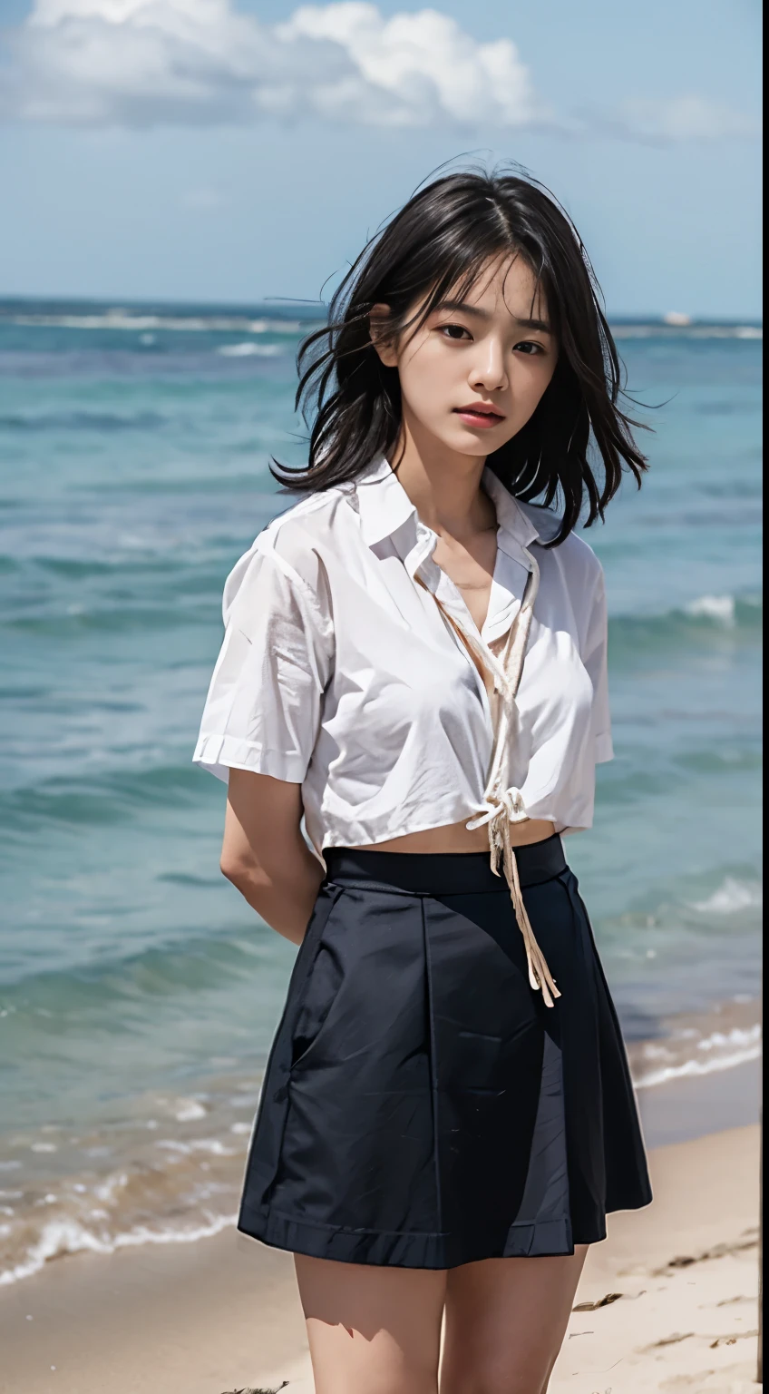 A woman who has been and tied up、Hands tied with rope、Standing on the beach in Okinawa、Facing forward、White panties are visible、21talent、Beauty、Well-formed face、Make your eyes even、Beautiful black hair、Has bangedium build、Well-balanced proportions、Beautiful legs、Dark short-sleeved shirt、Long skirt、Like real life、highest quality