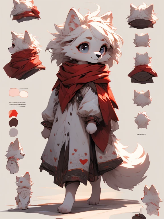 white baby wolf pup, baby girl wolf, ( Absurdly , High quality , ultra detailed ) ,( hand detailed ) , 1girl, solo, , (concept art, character sheet, character sketch),absurdres(highly detailed beautiful face and eyes)perfect anatomy, adorable, cute eyes, big eyes, short messy hair, long red scarf, baby puppy, walking on all paws