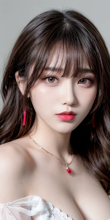 Canon RF 85mmf/1.2,masutepiece,Best Quality,超A high resolution,tu,1 girl,(Korean mixed,Kpop Idol:1.2),Solo,white_shiny_skin,Black eyes,Necklace,brown_long_Wavy_hair,Red lipstick bright_shiny_Lips,Eyelashes,Bangs,deal,make - up,shiny,Pore,skin texture,Bracelet,off shoulders,See-through,Big breasts