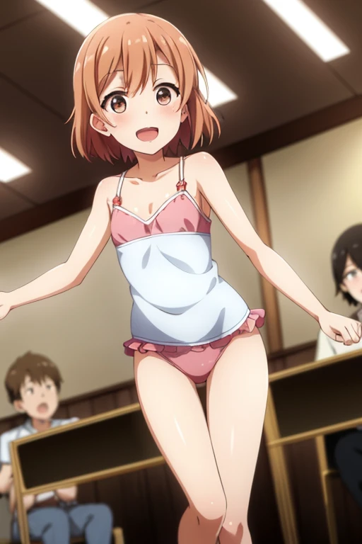 ((highest quality)), ((masterpiece)), (be familiar with), Perfect Face, indoor, Bedroom, Watching the audience,
One woman, Yuigahama Yui,
Open Mouth, Ecstatic expression, blush, smile,
Small breasts, Flat Chest, Young Girl, , , Girl,
Short Hair, Salmon-colored hair, Salmon-colored eyes, Side Pony,
Leg spread,