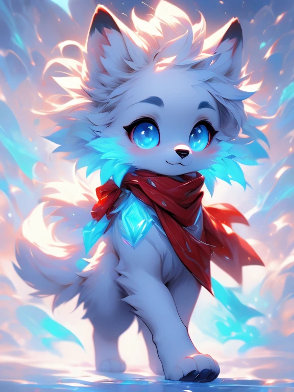 white baby wolf pup, baby girl wolf, bright ice-blue eyes ( Absurdly , High quality , ultra detailed ) ,( hand detailed ) , 1girl, solo, , (concept art, character sheet, character sketch),absurdres(highly detailed beautiful face and eyes)perfect anatomy, adorable, cute eyes, big eyes, short messy hair, long red scarf, baby puppy, walking on all paws