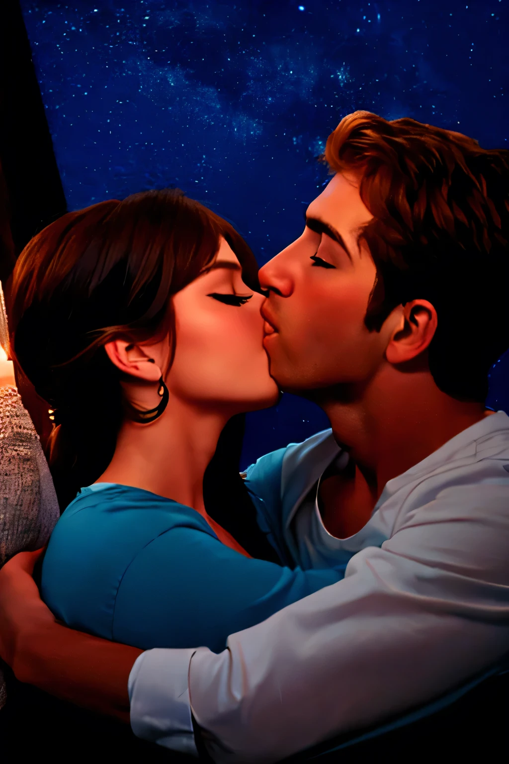 (best quality, highres, portrait), passionate, boy kissing woman, lips touching, hugging tight, blushing intensely, eyes closed, bed, night time, candles lit