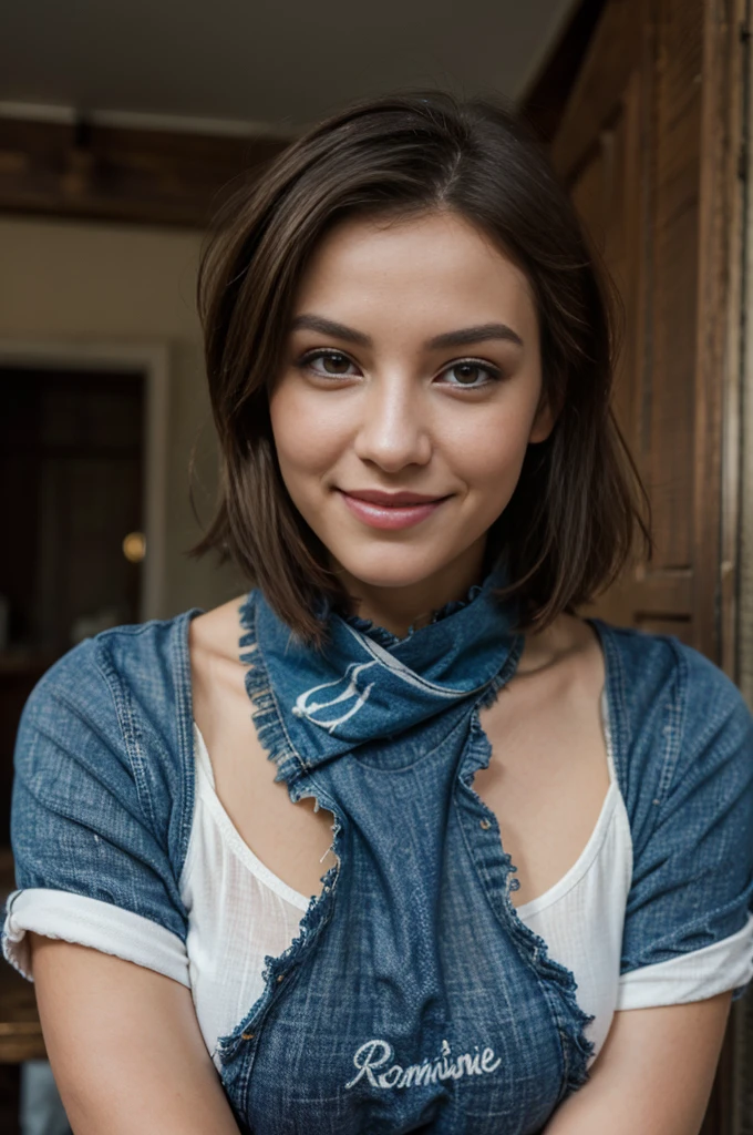 25 ans, brune, yeux marrons, delicate, professional light, flash lit, sexy, cheveux de longueur moyenne, grains de beauté, sourire romantique, Seductive look, pose coquine, bonne couverture, éclairée par les flashs des photographes, skin details, pores de la peau, visage fin, cheveux long, yeux marrons, HD, 8K, masterpiece, sourire romantique, in an abandoned house, en ruine, ripped jeans, tshirt large déchiré, bandana en toile vichy