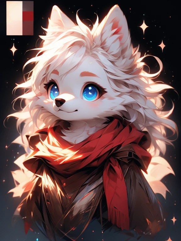 white baby wolf pup, baby girl wolf, bright sky-blue eyes ( Absurdly , High quality , ultra detailed ) ,( hand detailed ) , 1girl, solo, , (concept art, character sheet, character sketch),absurdres(highly detailed beautiful face and eyes)perfect anatomy, adorable, cute eyes, big eyes, short messy hair, long red scarf, baby puppy, walking on all paws