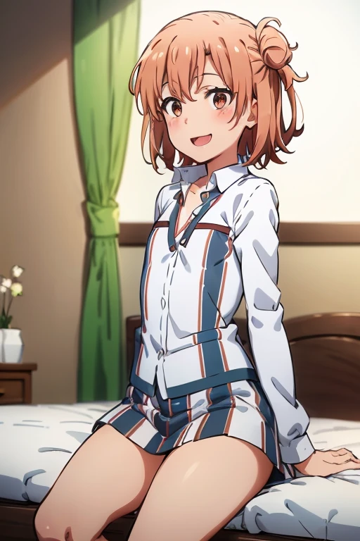 ((highest quality)), ((masterpiece)), (be familiar with), Perfect Face, indoor, Bedroom, Watching the audience,
One woman, Yuigahama Yui,
Open Mouth, Ecstatic expression, blush, smile,
Small breasts, Flat Chest, Young Girl, , , Girl,
Short Hair, Salmon-colored hair, Salmon-colored eyes, Side Pony,
Leg spread,