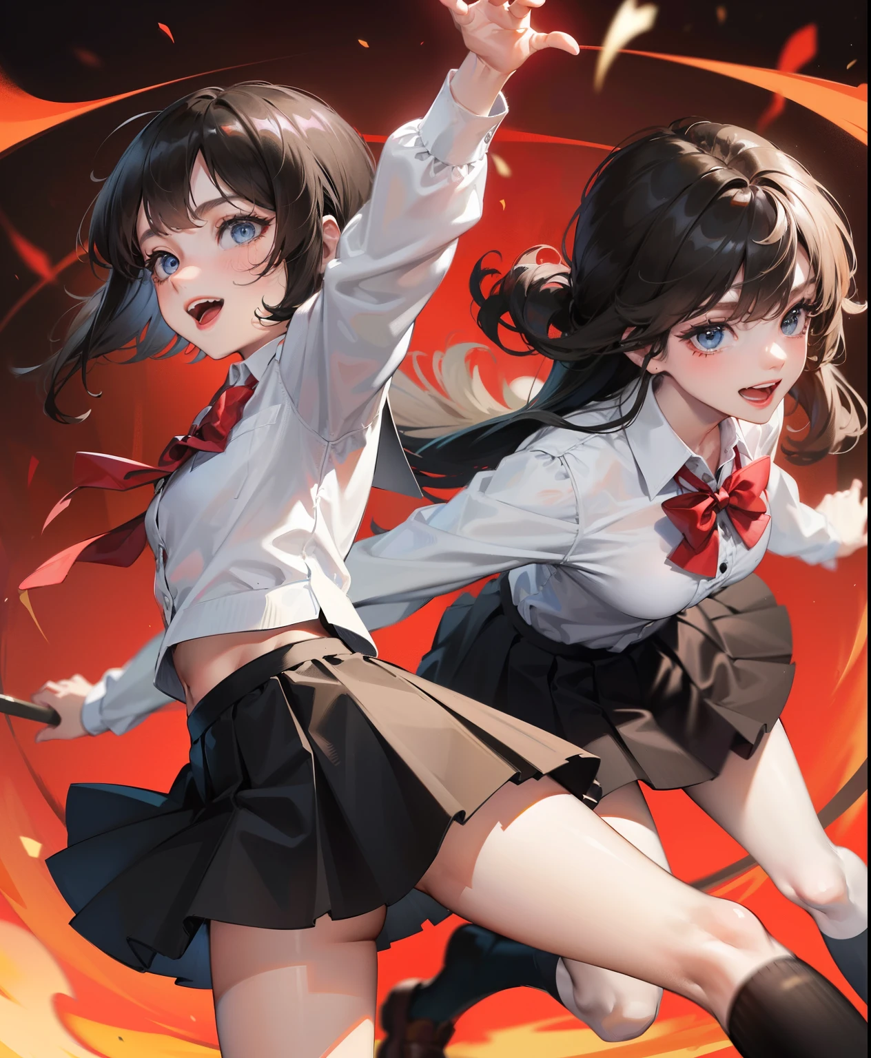 1 girl, , Dynamic posing, dynamic angle, Arrange pose,Top quality work,Show Legs,(short black hair),(blue eyes), Rose cheeks, Pretty Face, A perfectly proportioned face, school white shirt with red bow and black skirt, (school uniform), white stockings,in classros, She is laughing