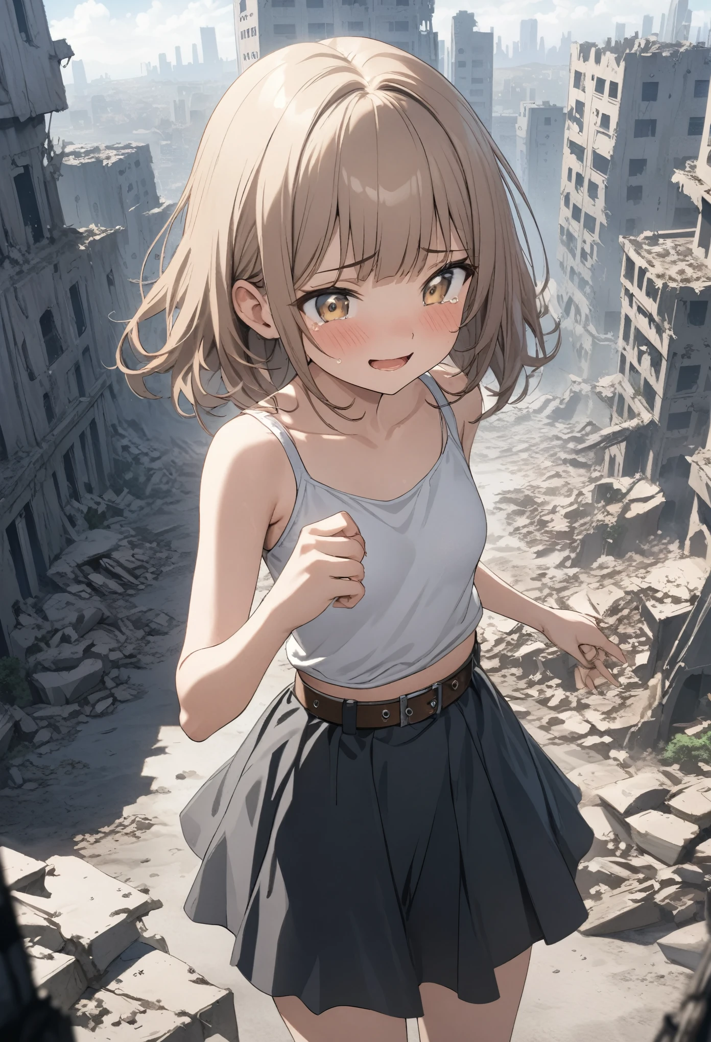 ((Masterpiece)), ((best quality)), (Anime:1.3), (super detail:1.2),(High Definition:1.3), (Professional Photography:1.2), ((12 years old)), 1girl, cute teenage girl, glossy skin, tears, (sad smile), open mouth, (Swinging a knife in left hand), beautiful Slender body, (Healthy body), small breast, (pale brown Hair), loose blunt bangs, cute eyes, round eyes, (dirty ragged tanktop), Tattered skirt, (burly belt), BREAK, ((best quality)), ((standing on the collapsed city of the apocalypse)), (sharp focus), (perfect light),