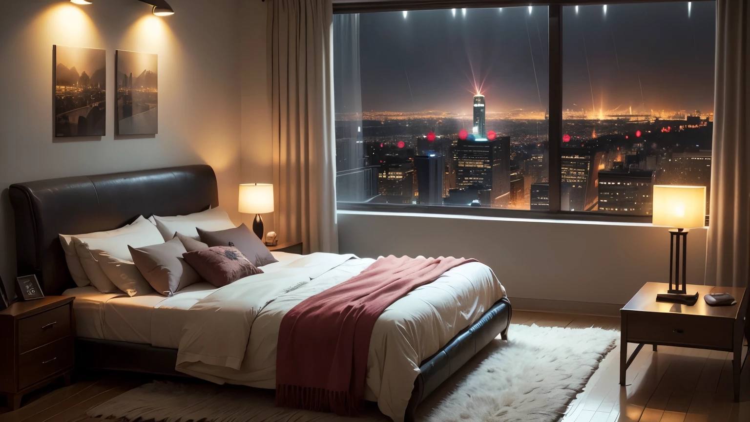 "Create a cozy, modern bedroom scene at night with large windows overlooking a cityscape. The room should be dimly lit by a fireplace and a few candles, casting a warm, inviting glow. Include comfortable furniture like a large sofa and a well-made bed with plush pillows and blankets. Add small details such as books and candles on a coffee table. Show rain falling outside the windows, creating a tranquil atmosphere. The city lights should be visible in the background, enhancing the night-time urban feel."