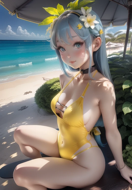 girl、、Yellow swimsuit、whole body。blue eyes、Gray Hair、、Seductive pose、front、、Outdoor、garden、Beach、