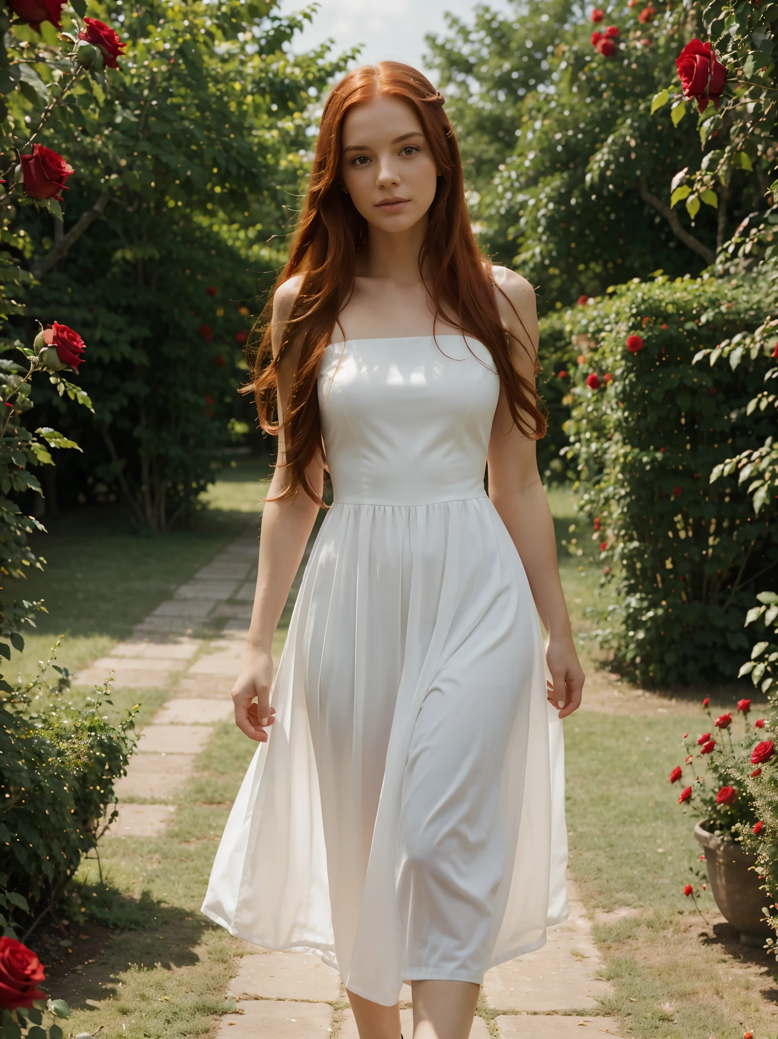 Create an image of a beautiful white girl, long red hair, wearing a long red dress, walking in a flower garden, lots of roses