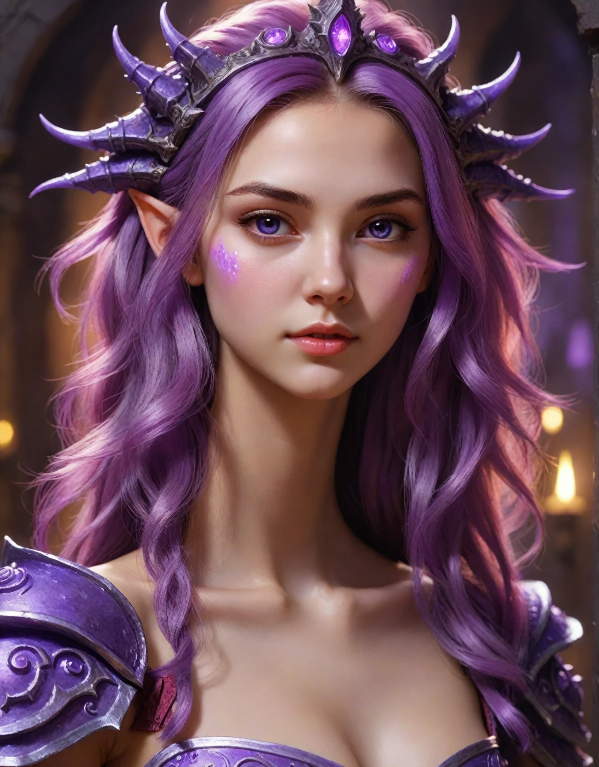 Zerg Queen, beautiful girl: Lanlinger 18 years old, dirty hair, oil painting, Красивое perfect face, soft skin, perfect face, added light purple and violet, added light red, complex parts, screensaver, Resolution 8K, masterpiece, cute face, mysterious magic array background  