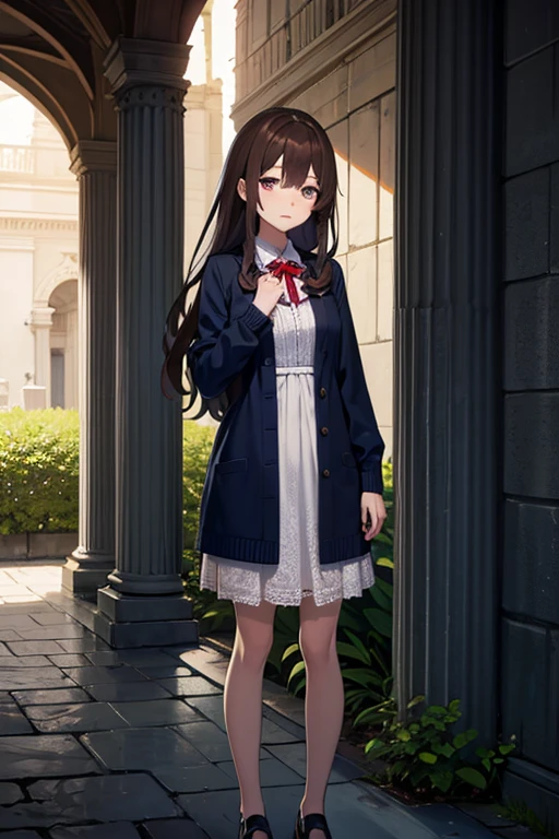 masterpiece, highest quality,Highest Resolution,Anime Style、A scene from the anime、Characters from Funeral of Frieren、Zenze、Human Girl、(Long Hair:Attached to the ground)、Looks sleepy、Half-open eyes、Cover the left eye with hair、Brown Hair、Stand upright、Medieval blue lace cardigan and dress、Standing in front of a pillar in an ancient ruin