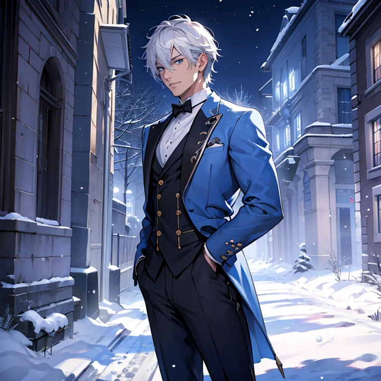 Homme, athletic, silver hair, yeux bleus, costard, sale de bal, nuit, flocons de neige
