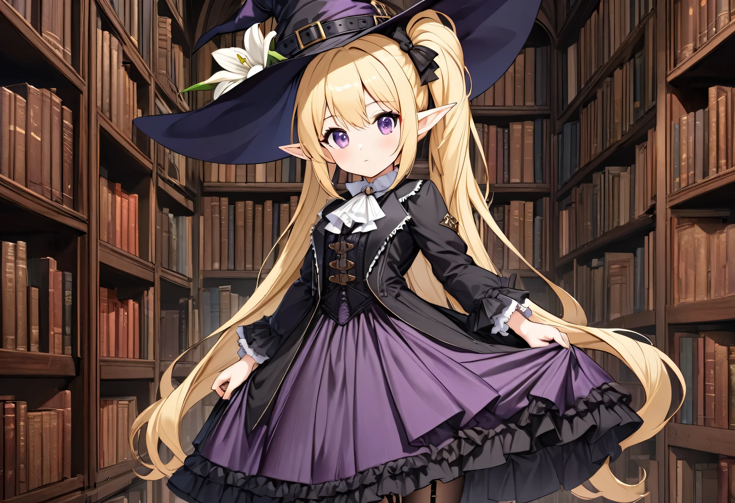 high quality,(High resolution:1.2),Incredible illustrations, (arknights)1girl((blonde hair, hairside ponytail of left,curl inward hair)slender,(purple eyes
,pointy ears)((victorian gothic SILK DRESS,open clothes),Witch Hat,ascot,garter belt,Garter Stockings(see through)(toddler body))School Library,White Lily Witch Princess(Steampunk)