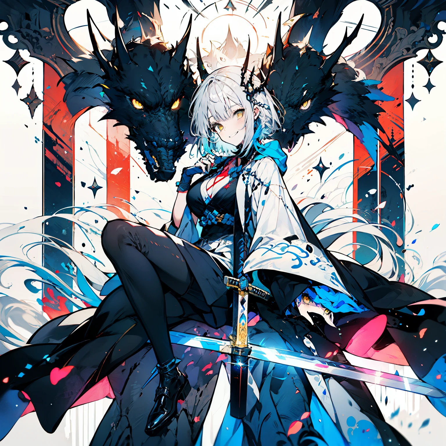 One Woman、young、Silver Hair、Short Hair、Yellow Eyes、Very large breasts、grinning mouth、Warrior、White Cape、Holding a sword、Full body portrait、front