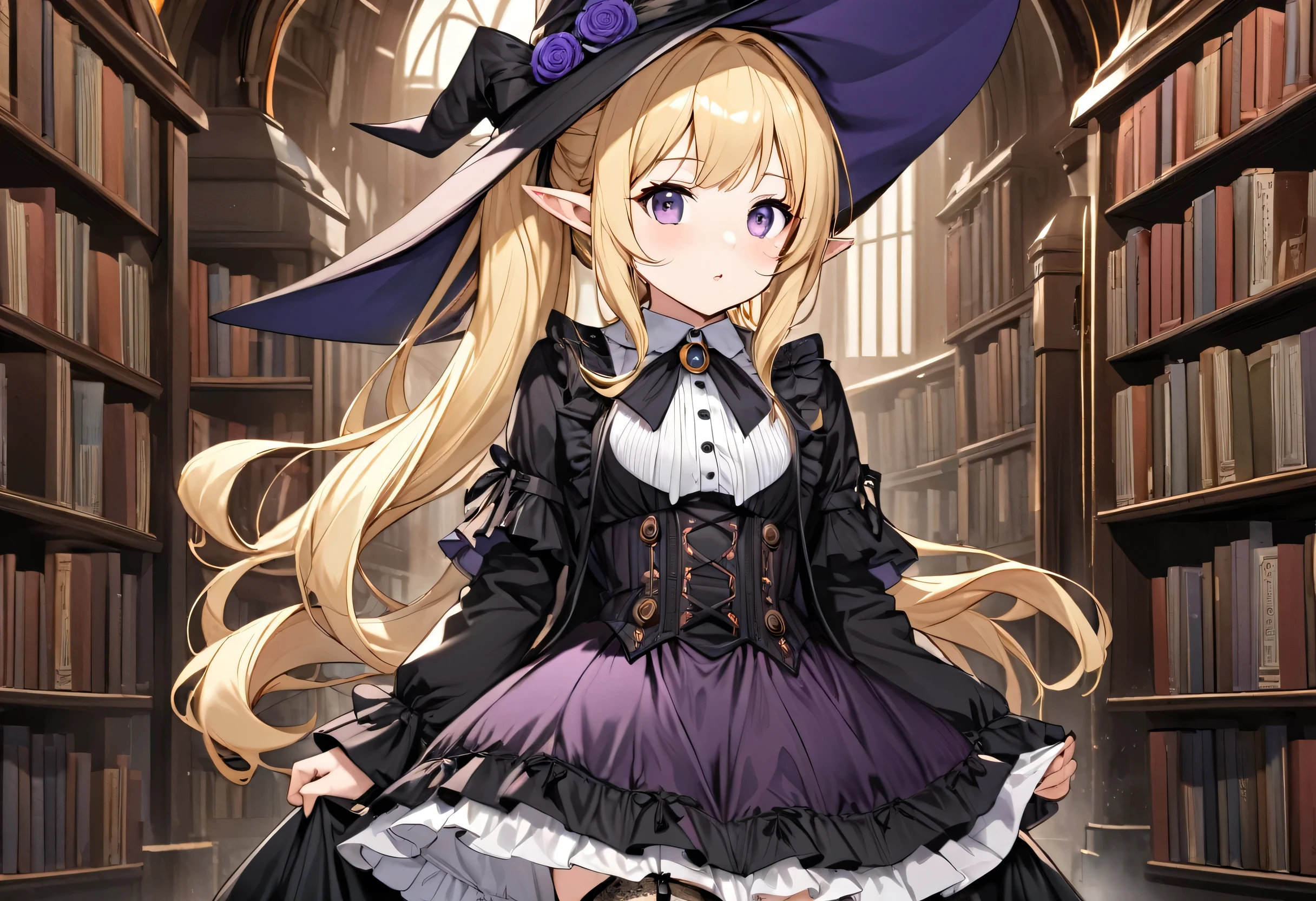 high quality,(High resolution:1.2),Incredible illustrations, (arknights)1girl((blonde hair, hairside ponytail of left,curl inward hair)slender,(purple eyes
,pointy ears)((victorian gothic lolita SILK DRESS,open clothes),Witch Hat,ascot,garter belt,Garter Stockings(see through)( body))School Library,White Lily Witch Princess(Steampunk)