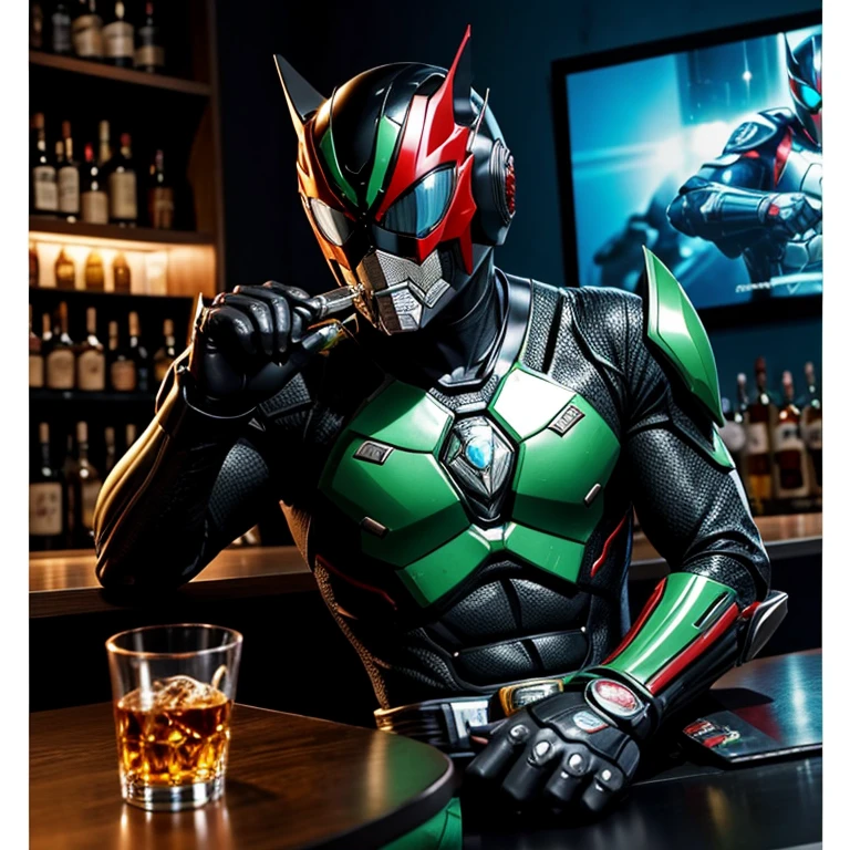 Kamen Rider and a glass of wiskey on the rocks in the bar