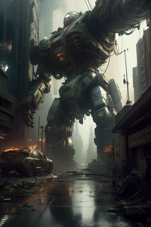 a massive futuristic mecha robot, highly detailed intricate mechanical parts, towering over destroyed city buildings, terrified people running in the streets, burning cars, post-apocalyptic, cinematic lighting, dramatic shadows, dystopian cyberpunk, muted color palette, gritty realism, (best quality,4k,8k,highres,masterpiece:1.2),ultra-detailed,(realistic,photorealistic,photo-realistic:1.37),concept art,science fiction