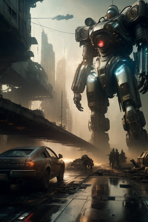 a massive futuristic mecha robot, highly detailed intricate mechanical parts, towering over destroyed city buildings, terrified people running in the streets, burning cars, post-apocalyptic, cinematic lighting, dramatic shadows, dystopian cyberpunk, muted color palette, gritty realism, (best quality,4k,8k,highres,masterpiece:1.2),ultra-detailed,(realistic,photorealistic,photo-realistic:1.37),concept art,science fiction