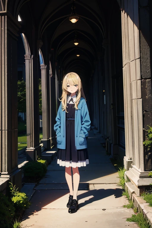 masterpiece, highest quality,Highest Resolution，Anime Style、A scene from the anime、Characters from Funeral of Frieren、Zenze、Human Girl、Long hair on the ground、Looks sleepy、（Half-open eyes：2:1）、Cover the left eye with hair、Blonde Hair、Stand upright、Medieval blue lace cardigan and dress、Standing in front of a pillar in an ancient ruin