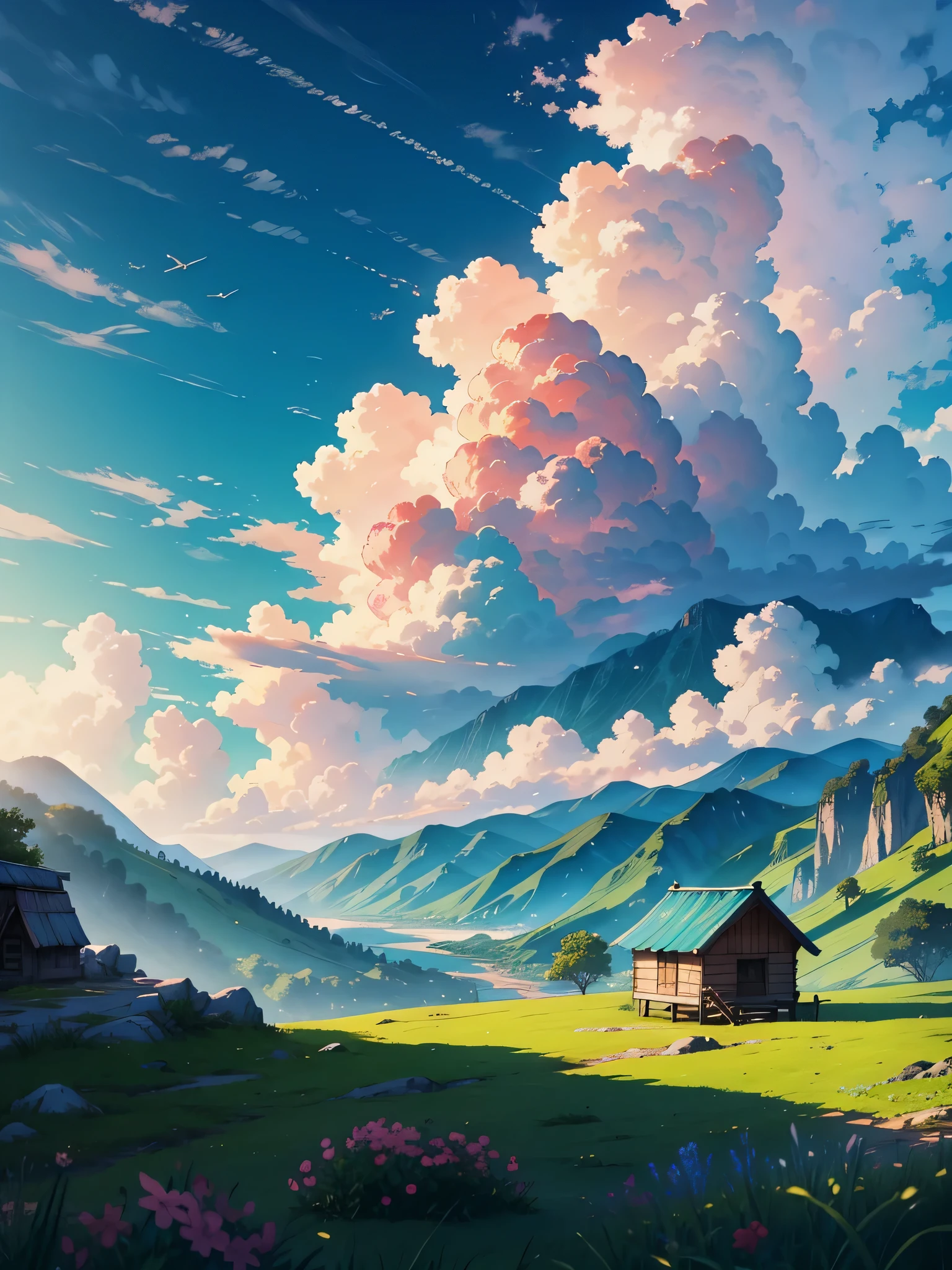 A small hut on top of a Valley, Green and Pink Clouds, Blue Sky,aqua environment , Storm,no humans,birds, piercing sunlight , sun