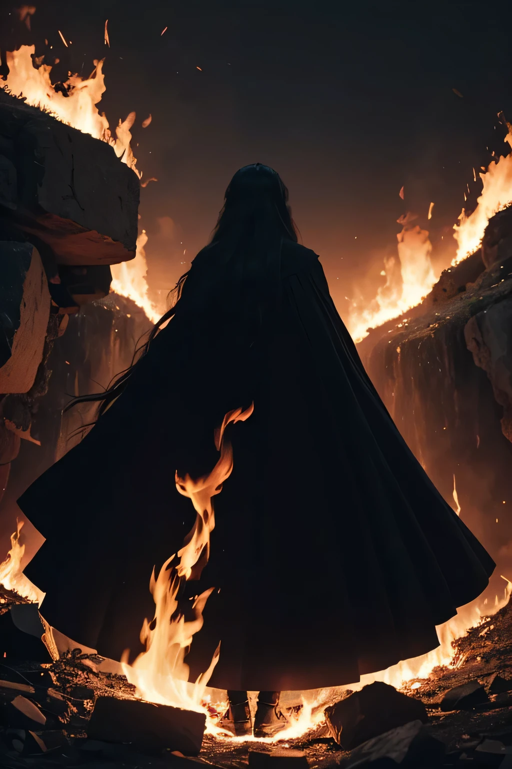 The man with long hair that can be seen from the back and is in hell is full of fire. The man in the middle is wearing a completely black dress and is very small and far away from the picture.