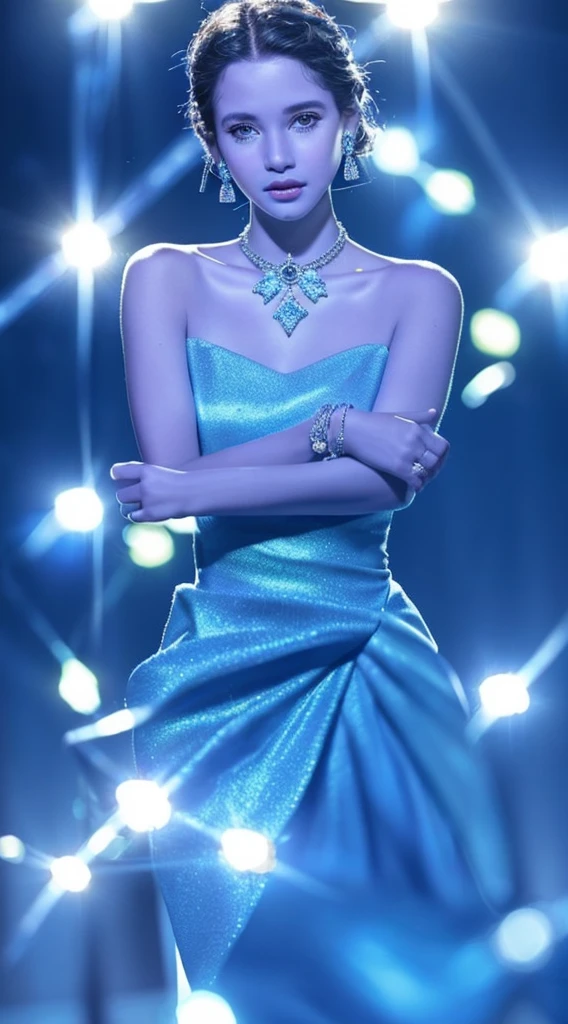 masterpiece, highest quality, figure, Sax Blue, Platinum Earrings, Platinum Necklace, White Dress, One girl, cute, (Dynamic Lighting:1.2), Cinema Lighting, Delicate facial features, Fine grain, Sharp pupils, Realistic students, Depth of written boundary, Bokeh, Sharp focus, (Ultra-detailed, bloom, shine:1.4), Lots of little gems