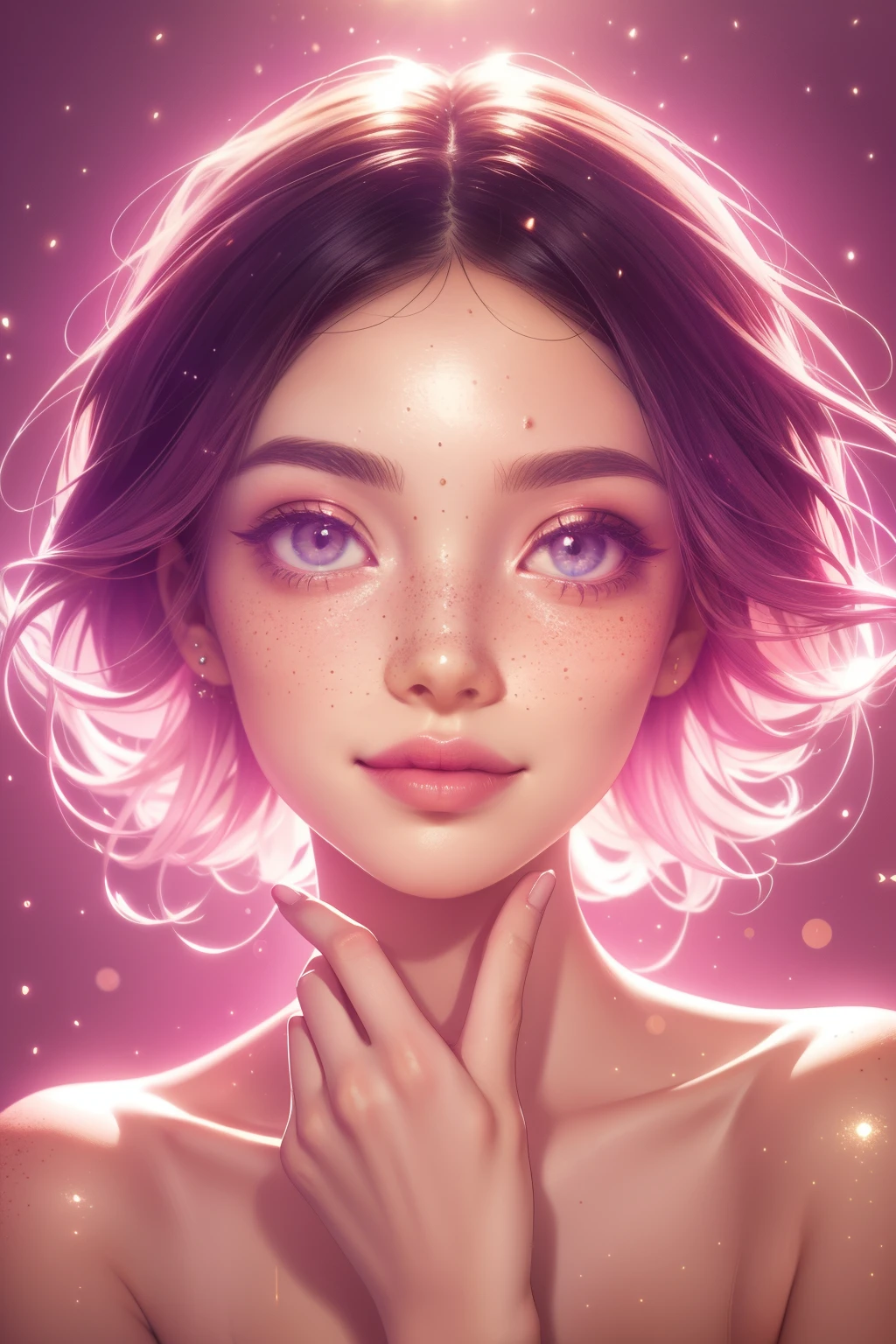 (This is a beautiful, intricate, (romatic) fantasy image that emphasizes beauty and grace.) Generate a blind curvy woman with milky eyes and soft natural freckles. Her face is important and should be (perfectly formed) with (beautiful puffy lips) and (perfect features). There is a cute freckle birthmark on her lip. The image exudes ethereal beauty and soft fantasy, with shimmering shades of pink throughout. Surround her with eternal roses in shimmering shades. Ensure perfection in her face, hair, and eyes. Include sweet and detailed birds and soft, luminous flowers and detailed roses. Utilize dynamic composition and dramatic lighting and cinematic lighting to create an interesting fantasy image. The background of the image is interesting and ultra-detailed, with soft fantasy lighting and gradients. Include fantasy details, cute aura, colorful, colourful, and interesting magical background. The image's background is decorated in shades of pink, shimmer, glitter, and fantasy details like colored bubbles and cosmos. Include subtle freckles, natural freckles and a diffused realistic skin tone. Incorporate elements of high fantasy, whimsy, and detailed elegance. English rose, princess, courtesan, noblewoman, sweet, lovely, calm, lovely, shimmering, glimmering, glittering, astrological fantasy, (((masterpiece))), (highest quality), magic rose, fantasy garden, beautiful face, perfect face, puffy lips, interesting, shy smile, fantasy elements, magic rose, beautiful eyes, perfect puffy lips, jewel tones, luminosity. Taken with a canon camera.