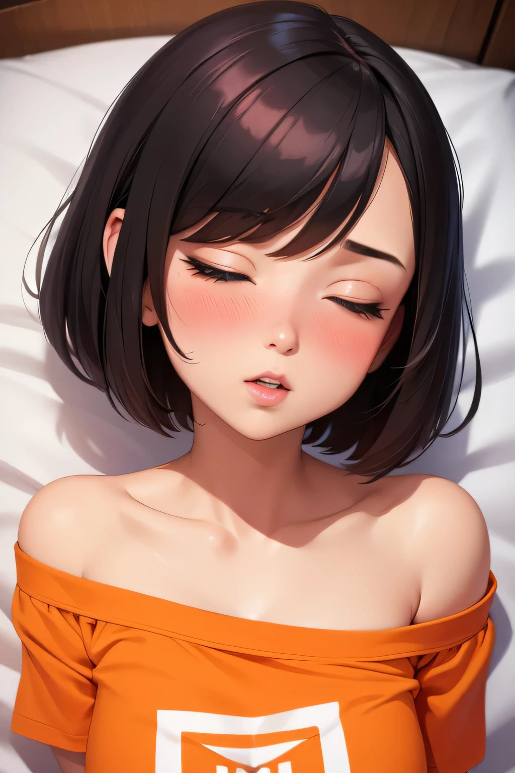Amazing portrait of a sexy and cute girl with a short bob hairstyle and a seductive gaze who is blushing intensely with parted lips and is desperate and flustered and lustful wearing an off shoulder orange t shirt showcasing her bare shoulder while lying on bed