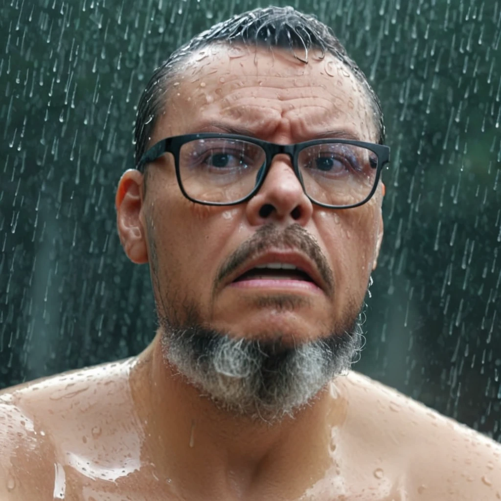 A hyper-realistic, UHD, 8K portrait of a glass window with water droplets condensed and running down the surface. Behind the glass, a man with glasses and a beard has his hands pressed against the glass, his expression one of desperation and fear. He is in a heavy rainstorm, completely soaked. The scene captures the intensity and emotion of the moment, with intricate details of the water droplets on the glass, the man's wet appearance, and the dramatic atmosphere.,gutto2024abr