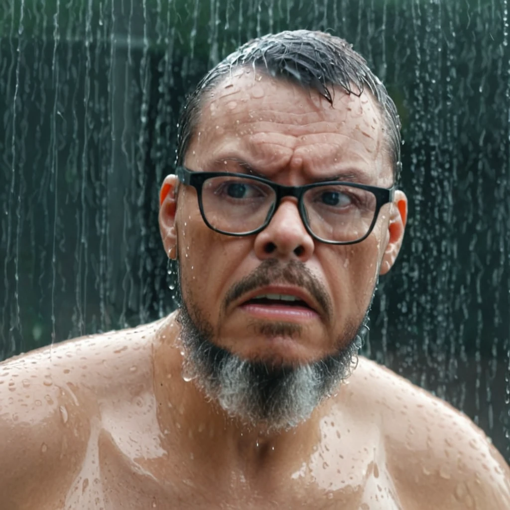 A hyper-realistic, UHD, 8K portrait of a glass window with water droplets condensed and running down the surface. Behind the glass, a man with glasses and a beard has his hands pressed against the glass, his expression one of desperation and fear. He is in a heavy rainstorm, completely soaked. The scene captures the intensity and emotion of the moment, with intricate details of the water droplets on the glass, the man's wet appearance, and the dramatic atmosphere.,gutto2024abr