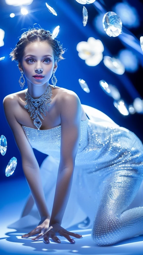 masterpiece, highest quality, figure, Sax Blue, Platinum Earrings, Platinum Necklace, White Dress, One girl, cute, (Dynamic Lighting:1.2), Cinema Lighting, Delicate facial features, Fine grain, Sharp pupils, Realistic students, Depth of written boundary, Bokeh, Sharp focus, (Ultra-detailed, bloom, shine:1.4), Lots of little gems