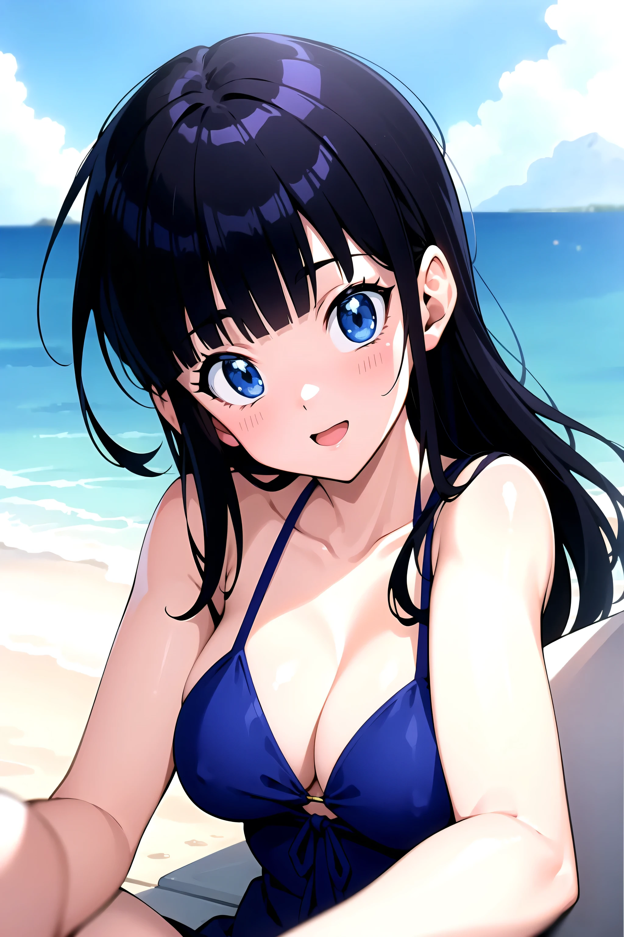 (8k, masterpiece), high resolution, high quality (best quality), bulmadbz, aqua hair, short hair, blue eyes,, she is wearing a micro bikini, taking a selfie, :d, on the beach, spectacular dynamic lighting, beautiful eyes, delicate face, detailed skin, detailed breasts, vivid colors,