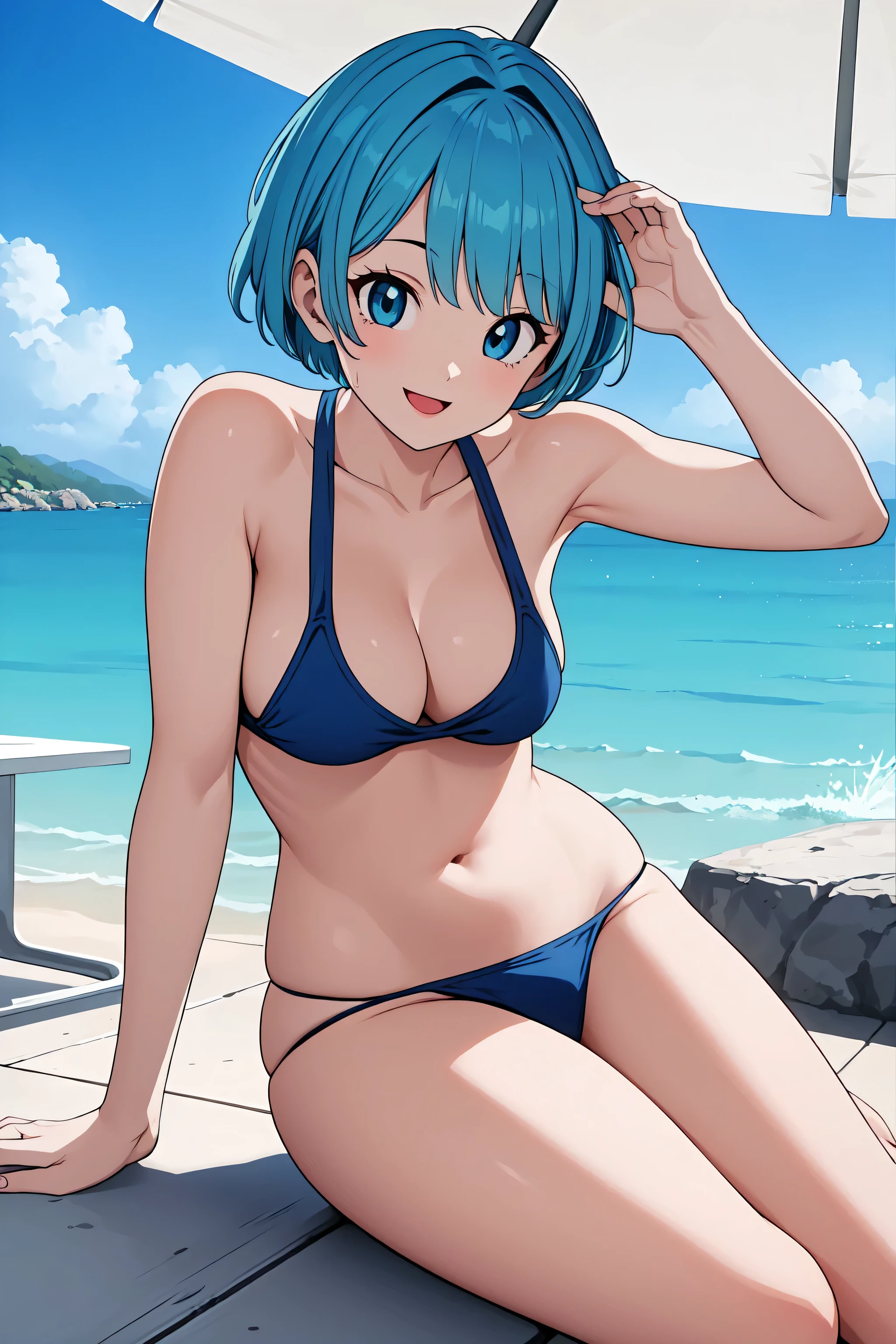 (8k, masterpiece), high resolution, high quality (best quality), bulmadbz, aqua hair, short hair, blue eyes,, she is wearing a micro bikini, with a seductive look and smile, on the beach, spectacular dynamic lighting, beautiful eyes, delicate face, detailed skin, detailed breasts, vivid colors,