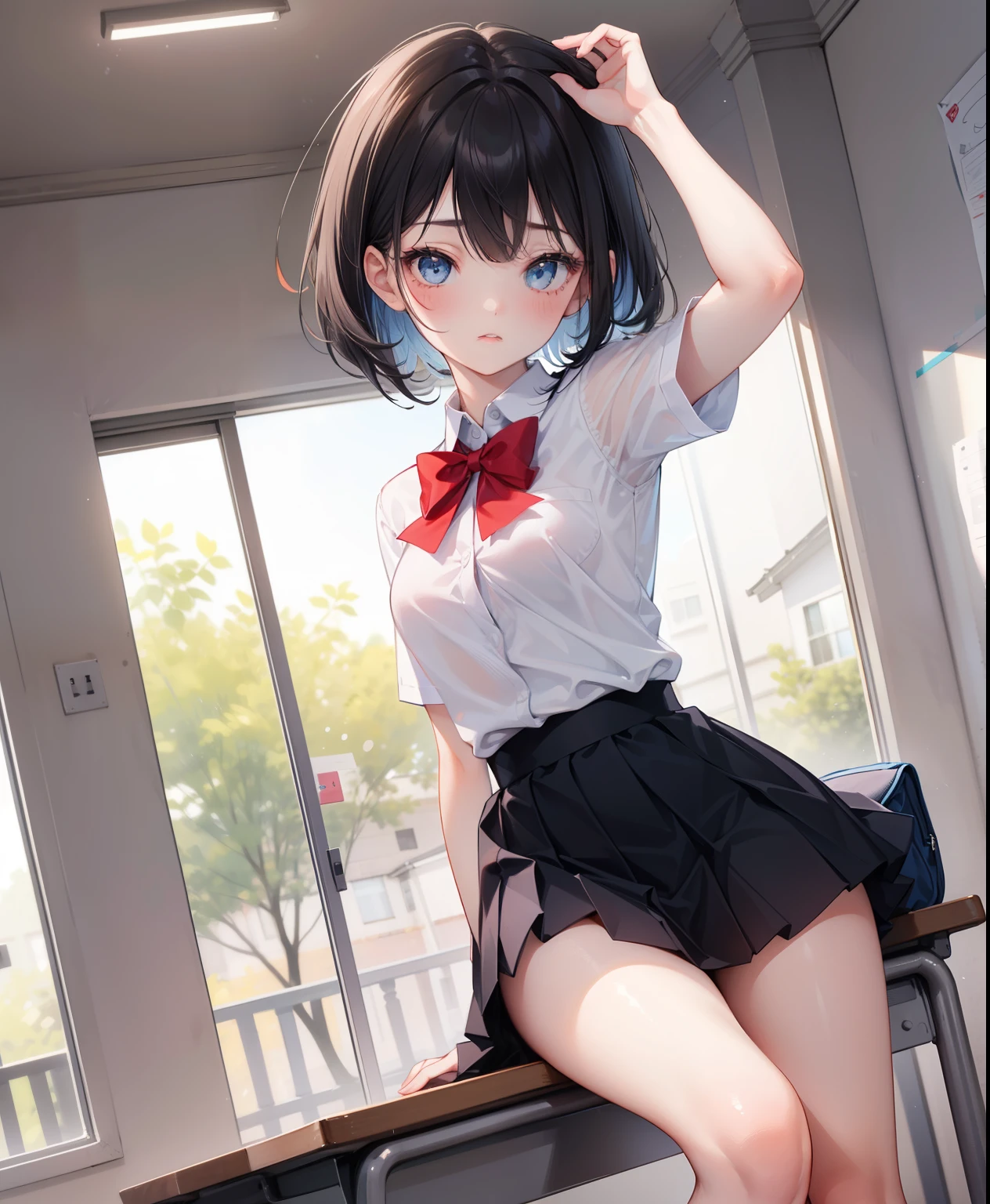 1 girl, , Dynamic posing, dynamic angle, Arrange pose,Top quality work,Show Legs,(short black hair),(blue eyes), Rose cheeks, Pretty Face, A perfectly proportioned face, school white shirt with red bow and black skirt, (school uniform), white stockings,in classros, She is shy