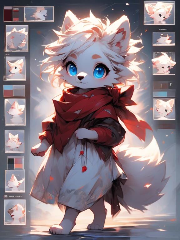 white baby wolf pup, baby girl wolf, bright sky-blue eyes ( Absurdly , High quality , ultra detailed ) ,( hand detailed ) , 1girl, solo, , (concept art, character sheet, character sketch),absurdres(highly detailed beautiful face and eyes)perfect anatomy, adorable, cute eyes, big eyes, short messy hair, long red scarf, baby puppy, walking on all paws, (sketch), toes