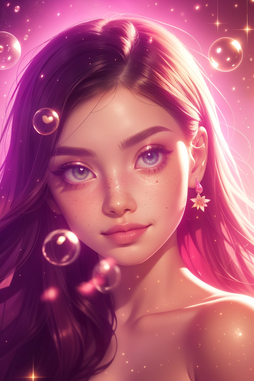 (This is a beautiful, intricate, (romatic) fantasy image that emphasizes beauty and grace.) Generate a blind curvy woman with milky eyes and soft natural freckles. Her face is important and should be (perfectly formed) with (beautiful puffy lips) and (perfect features). There is a cute freckle birthmark on her lip. The image exudes ethereal beauty and soft fantasy, with shimmering shades of pink throughout. Surround her with eternal roses in shimmering shades. Ensure perfection in her face, hair, and eyes. Include sweet and detailed birds and soft, luminous flowers and detailed roses. Utilize dynamic composition and dramatic lighting and cinematic lighting to create an interesting fantasy image. The background of the image is interesting and ultra-detailed, with soft fantasy lighting and gradients. Include fantasy details, cute aura, colorful, colourful, and interesting magical background. The image's background is decorated in shades of pink, shimmer, glitter, and fantasy details like colored bubbles and cosmos. Include subtle freckles, natural freckles and a diffused realistic skin tone. Incorporate elements of high fantasy, whimsy, and detailed elegance. English rose, princess, courtesan, noblewoman, sweet, lovely, calm, lovely, shimmering, glimmering, glittering, astrological fantasy, (((masterpiece))), (highest quality), magic rose, fantasy garden, beautiful face, perfect face, puffy lips, interesting, shy smile, fantasy elements, magic rose, beautiful eyes, perfect puffy lips, jewel tones, luminosity. Taken with a canon camera.