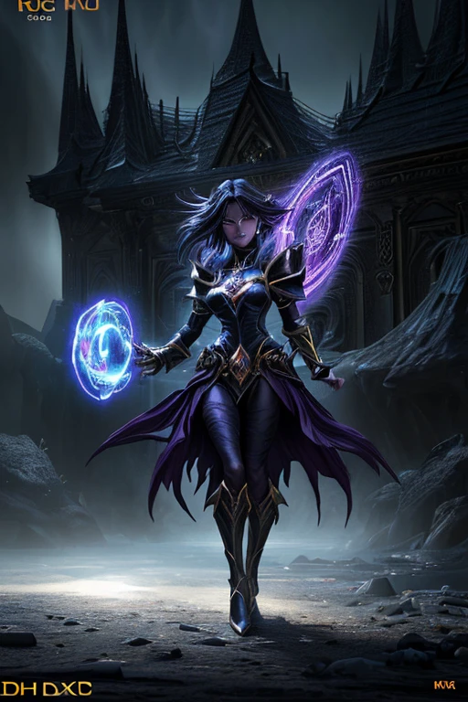 A dark sorceress in a Yu-Gi-Oh style, casting powerful magic, magical girl, fantasy, dark fantasy, dramatic lighting and shadows, cinematic composition, ethereal, glowing magical effects, intricate details, ornate, digital painting, concept art, (best quality,4k,8k,highres,masterpiece:1.2),ultra-detailed,(realistic,photorealistic,photo-realistic:1.37)