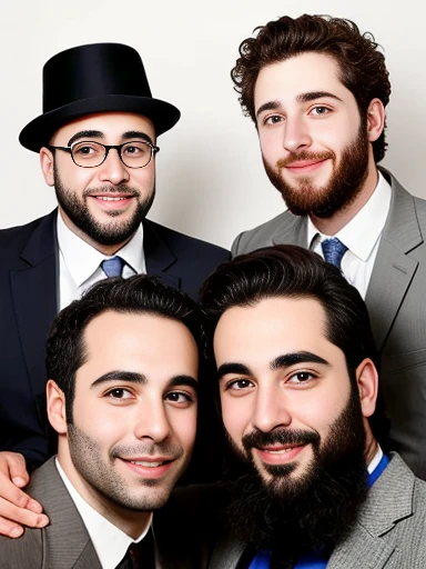 photo with color group of cute man sephardi jew friends gathered, photo on characters face, photo with color.