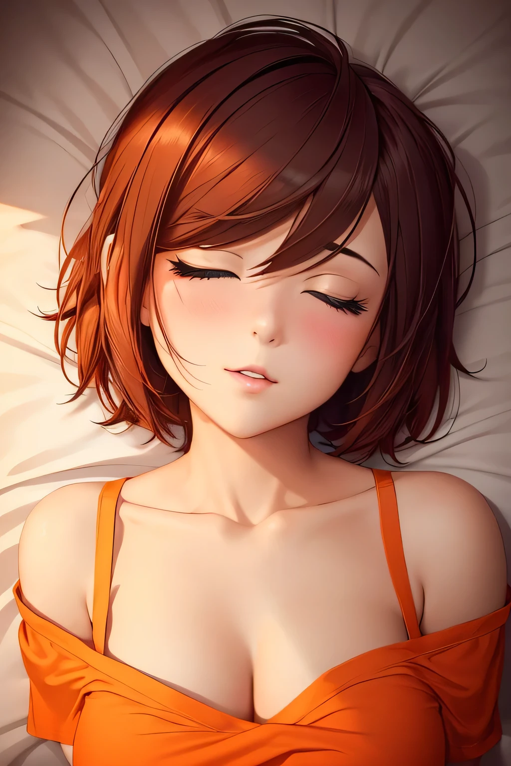 Amazing portrait of a sexy and cute girl with a short bob hairstyle and a seductive gaze who is blushing intensely with parted lips and is desperate and flustered and lustful wearing an off shoulder orange t shirt showcasing her bare shoulder while lying on bed