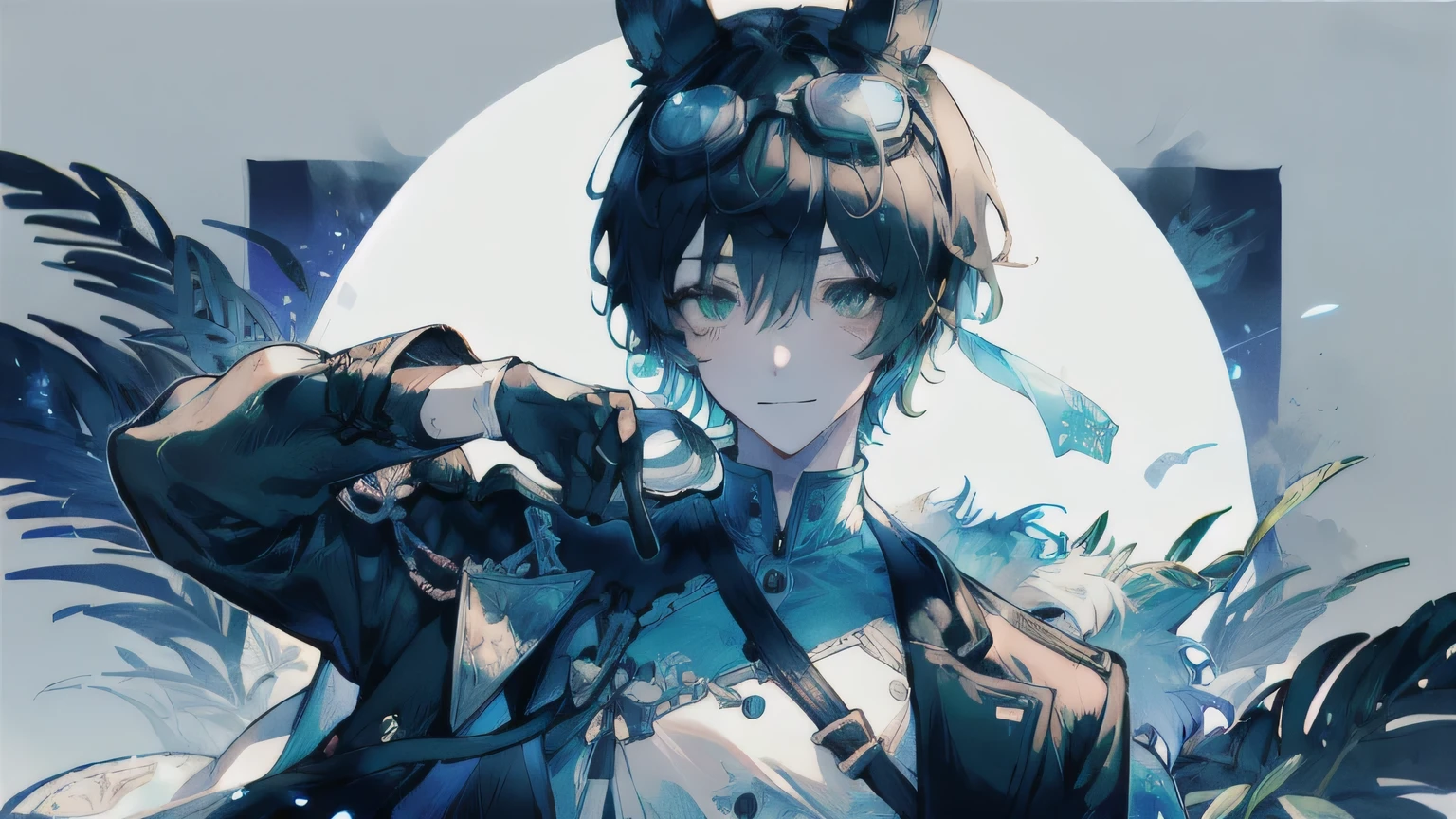 Cowboy Shot, Animal ears, Revealing clothing, (Put goggles on your head), Blue Theme, otoko no ko,, ultra detailed, masterpiece, highest quality, beautiful, detailed,, ultra detailed, masterpiece, highest quality, alone, smile, One boy, Green Eyes, short hair, Black Hair, bangs, Hair between the eyes, Messy Hair, (Put goggles on your head),Full body of a person wearing cat ears and a jacket,neutral, Black gloves, Wink, Overlooking